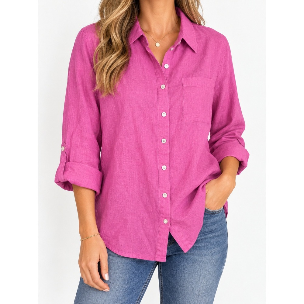 Naturals d&co. Magenta Pink Linen Blend Button Down Shirt Plus Size 1X Boho